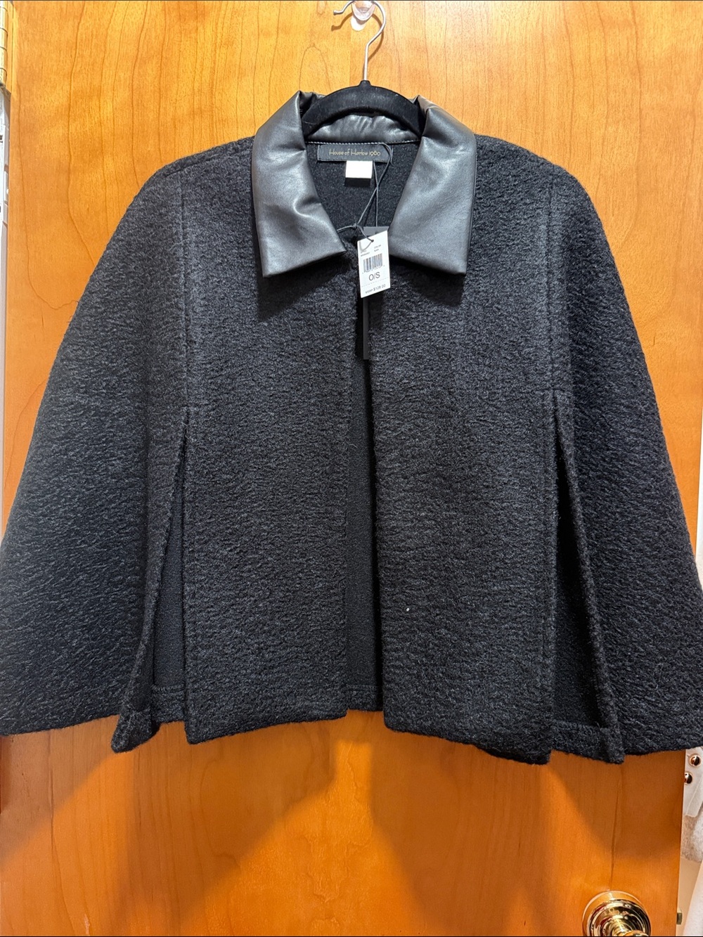 House of Harlow 1960 Black Textured Cape Jacket with Leather Collar